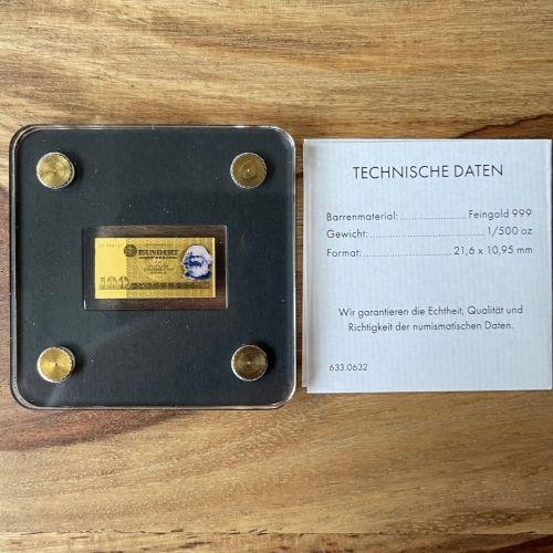 Goldbarren - Motivbarren DDR 100 Mark - Feingold 1/500 Unze Gold 999 Zertifikat