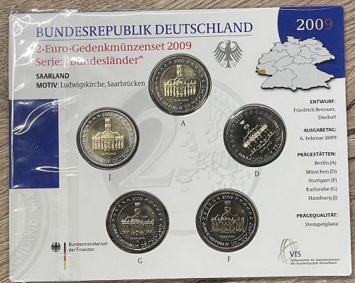 BRD 5 x 2 EURO 2009 st - ADFGJ - Saarbrücken Ludwigskirche - OVP