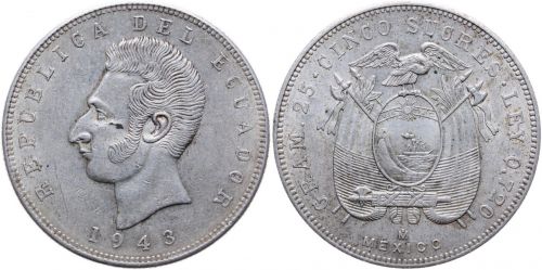 Ecuador 5 Sucres 1943 - Antonio José de Sucre y Alcalá, Mexico, Silber 0.720 Ley - vz