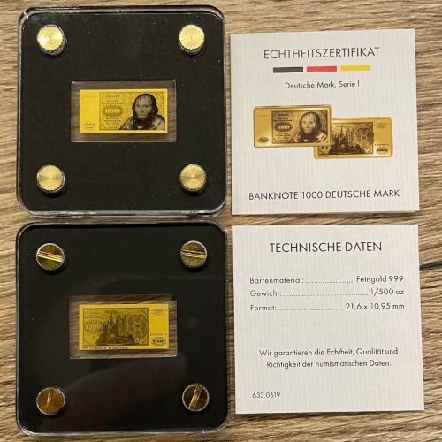 Goldbarren - Motivbarren 1000 DM - Feingold 1/500 Unze Gold 999 - mit Zertifikat