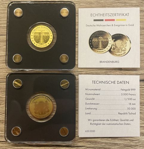 Goldmünze TSCHAD 2020 - 1/500 Oz Gold 999 - Brandenburg / Schloss Sanssouci