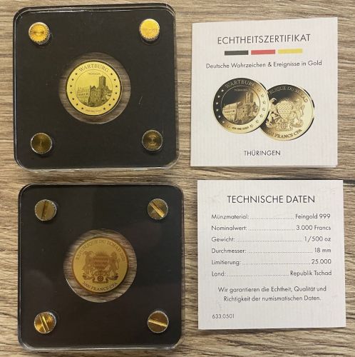 Goldmünze TSCHAD 2020 - 1/500 Oz Gold 999 - Wartburg / Thüringen