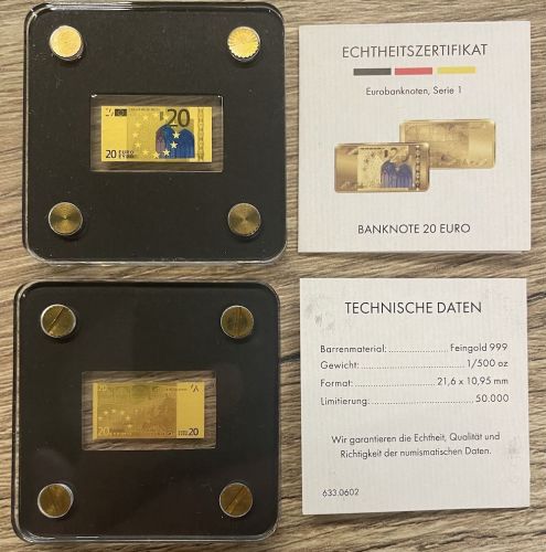 Goldbarren - Motivbarren 20 Euro - Feingold 1/500 Unze Gold 999 mit Zertifikat