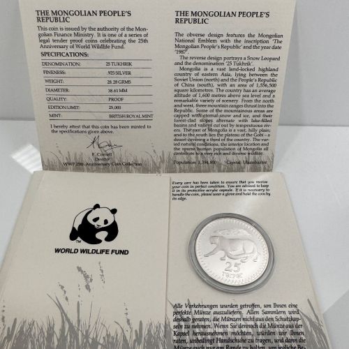 MONGOLEI - 25 TUKHRIK 1987 PP - SNOW LEOPARD SCHNEELEOPARD - 925 Silber WWF