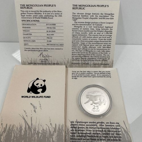 MONGOLEI - 25 TUKHRIK 1987 PP - SNOW LEOPARD SCHNEELEOPARD - 925 Silber WWF