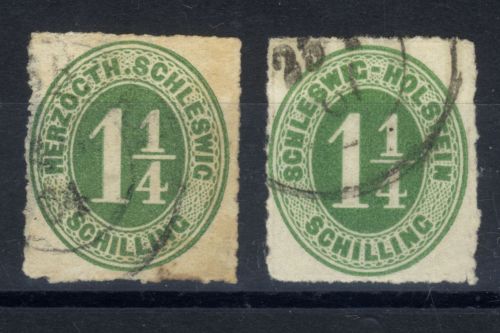 Schleswig Schleswig-Holstein 1864 | 2x MiNr. 4 gestempelt - 1 1/4 Schilling grün