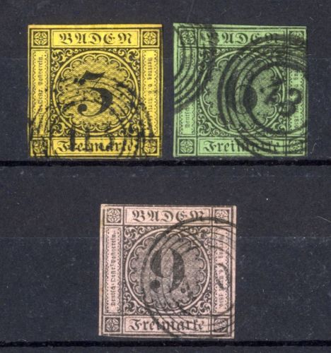 Baden 1851 - Michel Nr. 2, 3, 4 gestempelt - 3, 6, 9 Kreuzer Ziffer im Kreis