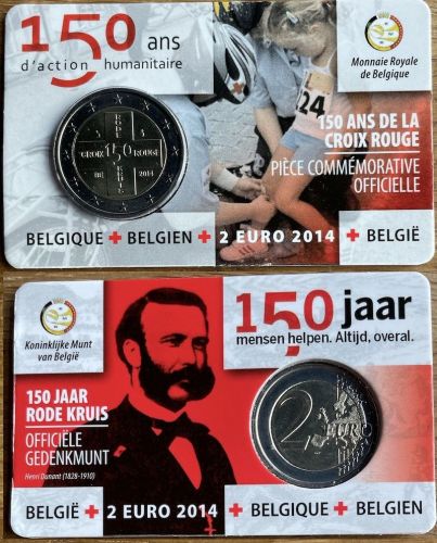 2 Euro Gedenkmünze Belgien 2014 ST/BU - Rotes Kreuz - Französiche Coincard