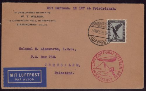 Zeppelin Brief LZ 127 (Graf Zeppelin) Orientfahrt 1929 Jerusalem Sieger 23 f