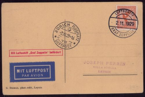 Zeppelin Postkarte LZ 127 Fahrt nach Zürich-Dübendorf Sieger 45 B