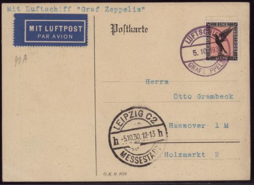 Zeppelin Postkarte LZ 127 Fahrt nach Leipzig/Görlitz 1930 Sieger 91 Ab