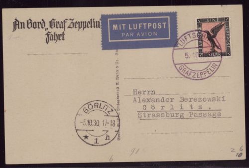 Zeppelin Postkarte LZ 127 Fahrt nach Leipzig/Görlitz 1930 Sieger 91 Bb