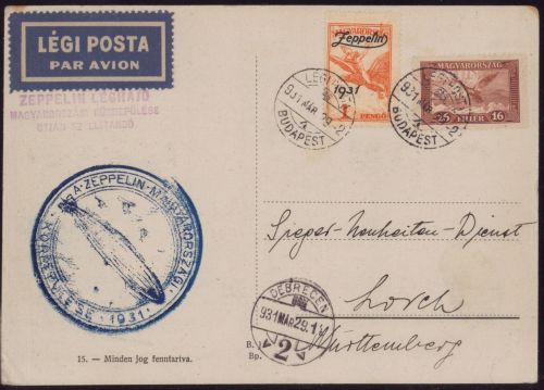 Zeppelin Postkarte LZ 127 Landungsfahrt Ungarn Ungarische Post Sieger 102 Ba