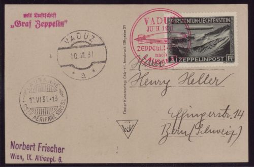 Zeppelin Postkarte LZ 127 Fahrt Vaduz-Lausanne 1931 Sieger 110 A