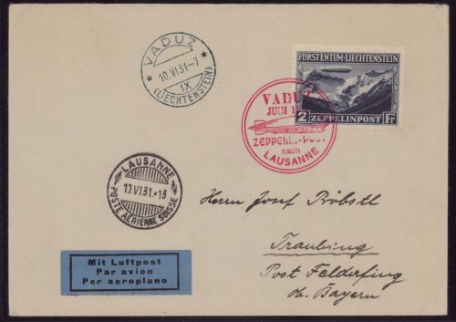 Zeppelin Brief LZ 127 Fahrt Vaduz-Lausanne 1931 Sieger 110 B