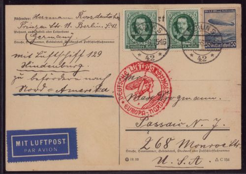 Zeppelin Postkarte LZ 129 1. Nordamerikafahrt 1936 Sieger 406 A