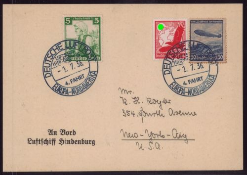 Zeppelin Brief LZ 129 4. Nordamerikafahrt Bordpost 1936 Sieger 420 A