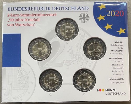 BRD 5 x 2 EURO 2020 st - ADGFJ - 50 Jahre Kniefall von Warschau - OVP
