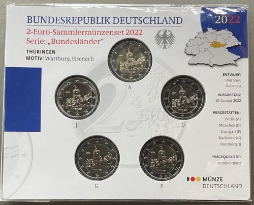 BRD 5 x 2 EURO 2022 st - ADGFJ - Wartburg Eisenach - Thüringen - OVP