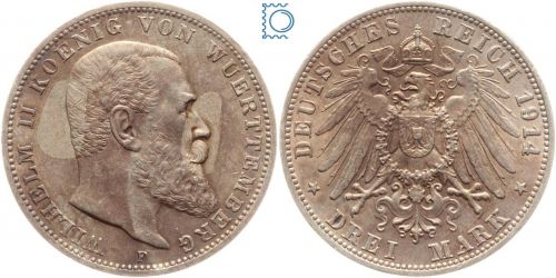 WÜRTTEMBERG, 3 Mark 1914 F, König Wilhelm II., Jg. 175, SILBER - Patina