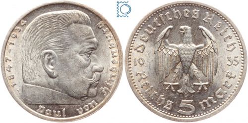 5 RM Reichsmark 1935 A, Hindenburg , J.360, Silber, ERHALTUNG - Prachtstück!