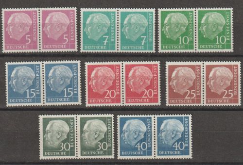 Bund 179y, 181y, 183y-186y, 259-260y postfrisch waagerechte Paare Heuss lumogen