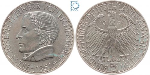 5 DM Freiherr von Eichendorff 1957 J - Silber Gedenkmünze - Jäger 391