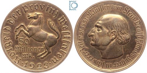 Notgeld Westfalen, 50 Millionen Mark 1923, Minister von Stein, Kupfer, J N27