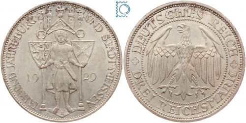 Weimar 3 Mark 1929 E, 100 Jahre Burg und Stadt Meissen, J.338, Silber