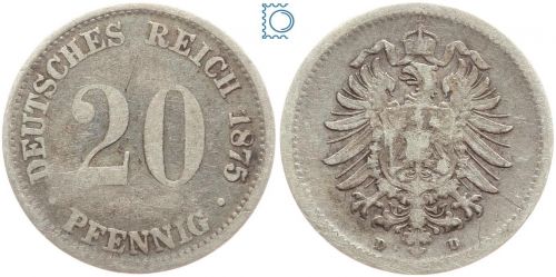 Deutsches Reich Kaiserreich, 20 Pfennig 1875 D, Silber, J.5