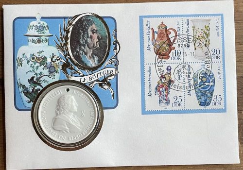 DDR Numisbrief Porzellan-Medaille | J.F. Böttger 1985 | Worbes 32