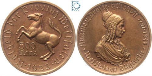 Notgeld Westfalen, 500 Mark 1923, Annette von Droste-Hülshoff, Bronze, Jäger N19