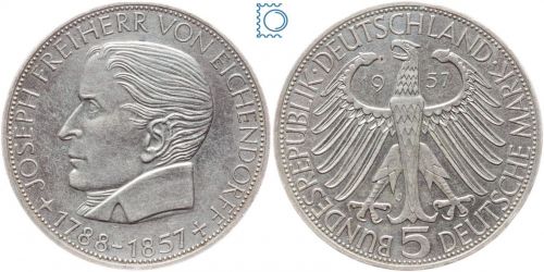 5 DM Freiherr von Eichendorff 1957 J - Silber Gedenkmünze - Jäger 391