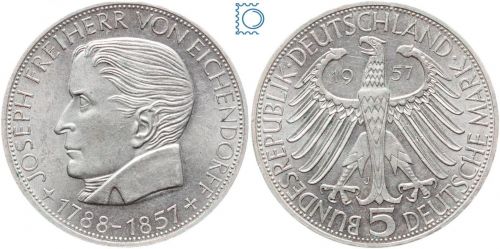 5 DM Freiherr von Eichendorff 1957 J - Silber Gedenkmünze - Jäger 391