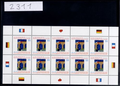 Bund, Michel Nr. 2311 Zehnerbogen postfrisch - Deutsch-Französiche Zusammenarbeit
