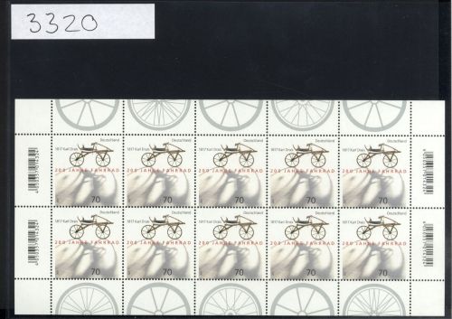 Bund, Michel Nr. 3320 Zehnerbogen postfrisch - 200 Jahre Fahrrad - Karl Drais