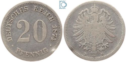 Deutsches Reich Kaiserreich, 20 Pfennig 1874 D, Silber, J.5