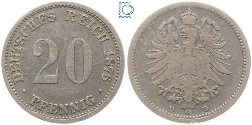 Deutsches Reich Kaiserreich, 20 Pfennig 1876 D, Silber, J.5