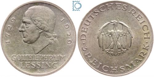 Weimar 3 Mark 1929 A, Gotthold Ephraim Lessing, J.335, Silber