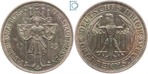 Weimar 3 Mark 1929 E, 100 Jahre Burg und Stadt Meissen, J.338, Silber