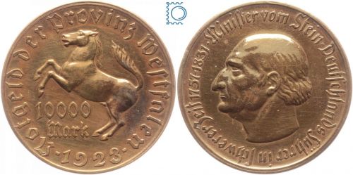 Notgeld Westfalen, 10000 Mark 1923, Minister von Stein, vergoldet, J N20a
