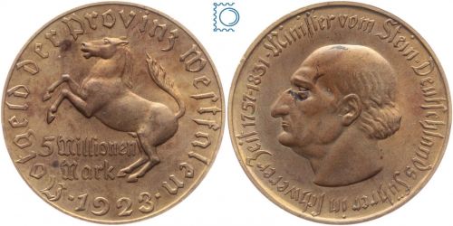 Notgeld Westfalen, 5 Millionen 1923, Minister von Stein, Jäger N22