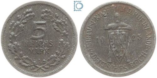 Original Spielgeld 5 Reichsmark 1925 A, Jahrtausendfeier der Rheinlande, Eisen