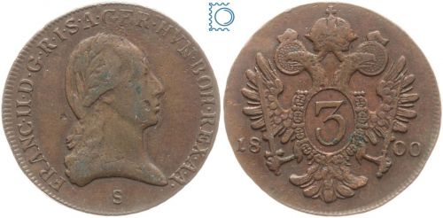 RDR Habsburg Österreich, 3 Kreuzer 1800 S Schmöllnitz, Kaiser Franz II., Kupfer