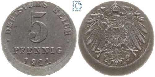 Kaiserreich, 5 Pfennig 1921 A, 10% dezentrierte Fehlprägung, vz+