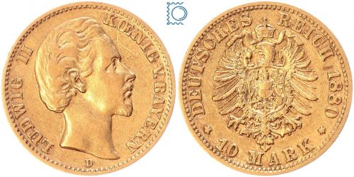 Kaiserreich, 10 Mark Bayern 1880 D, König Ludwig II., J.196, Goldmünze