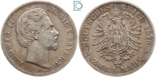 BAYERN, 2 Mark 1876 D, König Ludwig II., Silber, Jäger 41