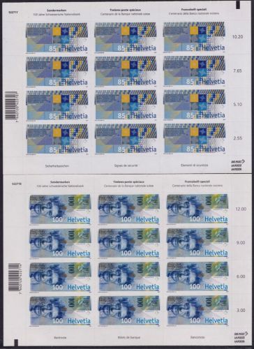 SCHWEIZ MiNr. 1999-2000 Kleinbogen postfrisch 100 Jahre Schweizer Nationalbank