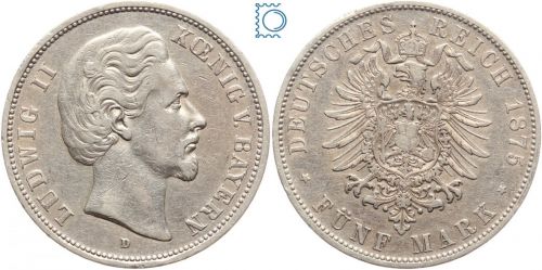 BAYERN, 5 Mark 1875 D, König Ludwig II., J.42, Silber