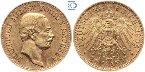 Kaiserreich, 20 Mark Sachsen 1905 E, König Friedrich August III., J.268